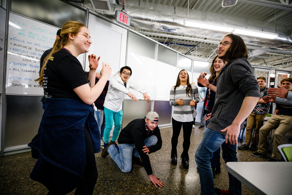 Students act out improvised scenarios during a "Compleat Engineer" class January 19, 2018 in the Facilities and Design Center. The class focuses on teaching communication and teamwork.
