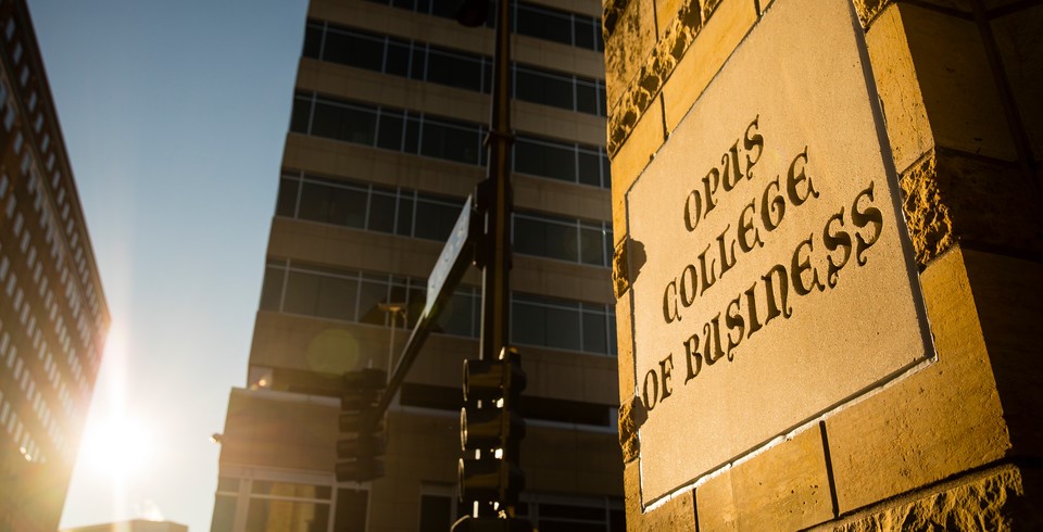 Opus College of Business sign in Minneapolis.