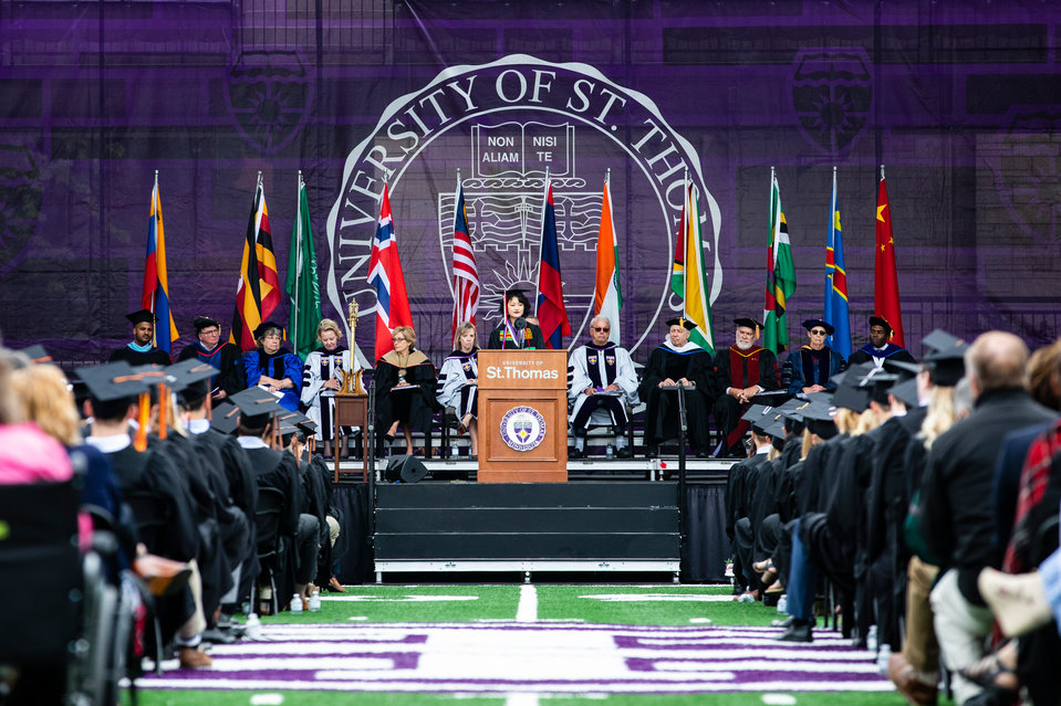 Divine Zheng gives the student address during the 2018 Undergraduate Commencement ceremony in O'Shaughnessy Stadium on May 18, 2018 in St. Paul.