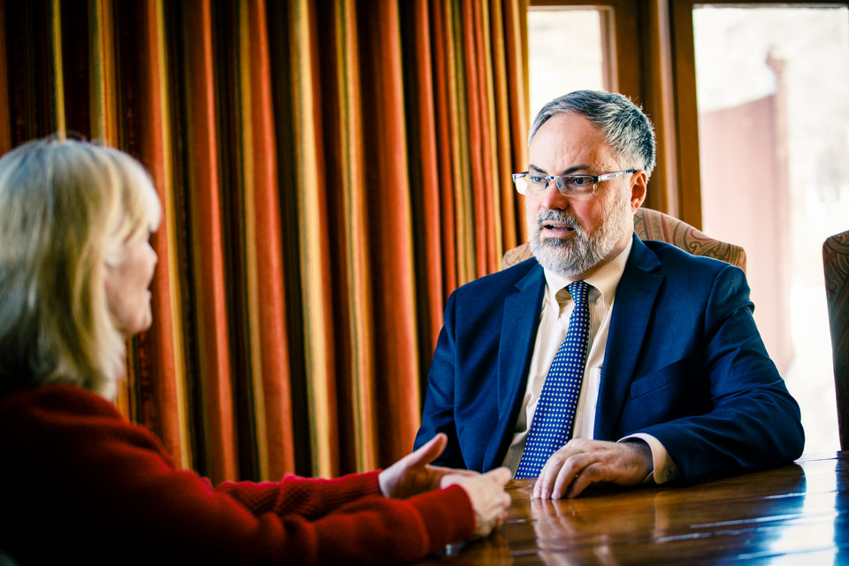 Co-directors of the Murphy Institute Christopher Thompson (theology) and Elizabeth (Lisa) Schiltz (law) converse for the camera March 1, 2018 in Sitzmann Hall.
