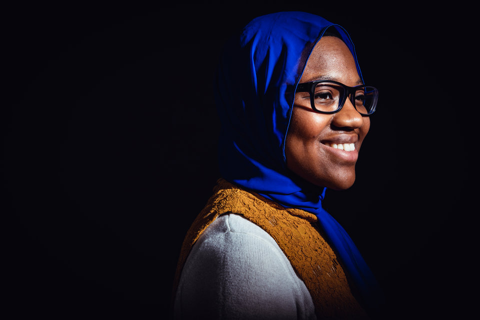 Fatoumata Jaiteh poses for a studio portrait on May 7, 2018 in St. Paul. Jaiteh started a nonprofit to support mothers in Gambia and is spending part of summer 2018 in Africa working with the organization. She is a member of student government and the Muslim Student Association.