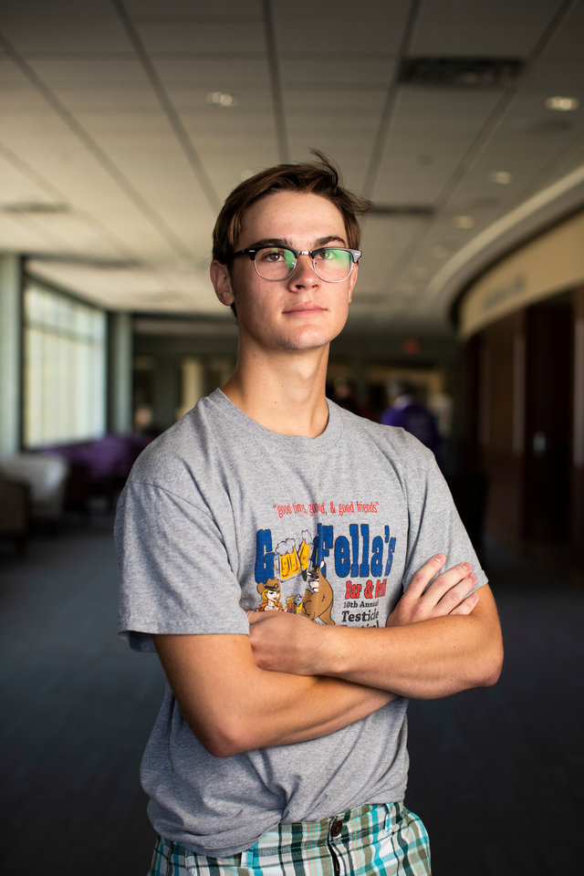 Portrait of first-year Chase Horrigan outside of the James B. Woulfe Alumni Hall in the Anderson Student Center during the Proud To Be First reception on Aug. 31, 2018.