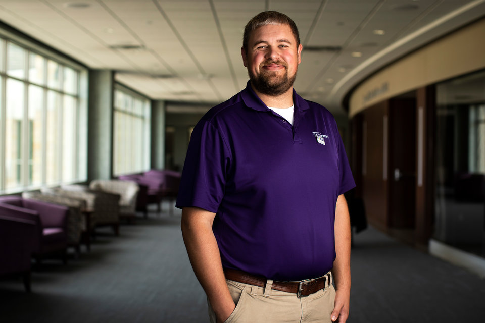 Portrait of Student Affairs staff Vern Klobassa outside of the James B. Woulfe Alumni Hall in the Anderson Student Center during the Proud To Be First reception on Aug. 31, 2018.