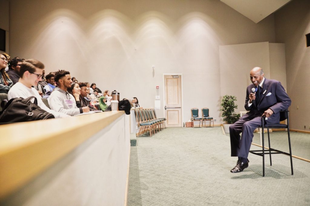 Vernon Jordan speaks with Dougherty Family College students on Oct. 15, 2018.