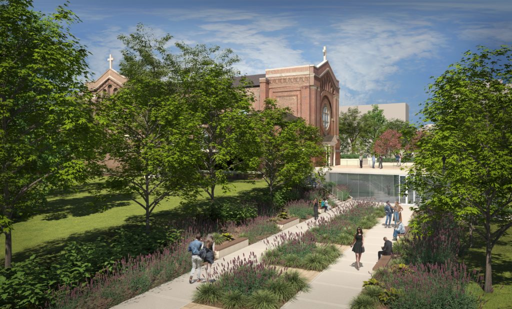 A rendering shows plans for the updated entrance to the Chapel of St. Thomas Aquinas coming off of Cleveland Avenue.