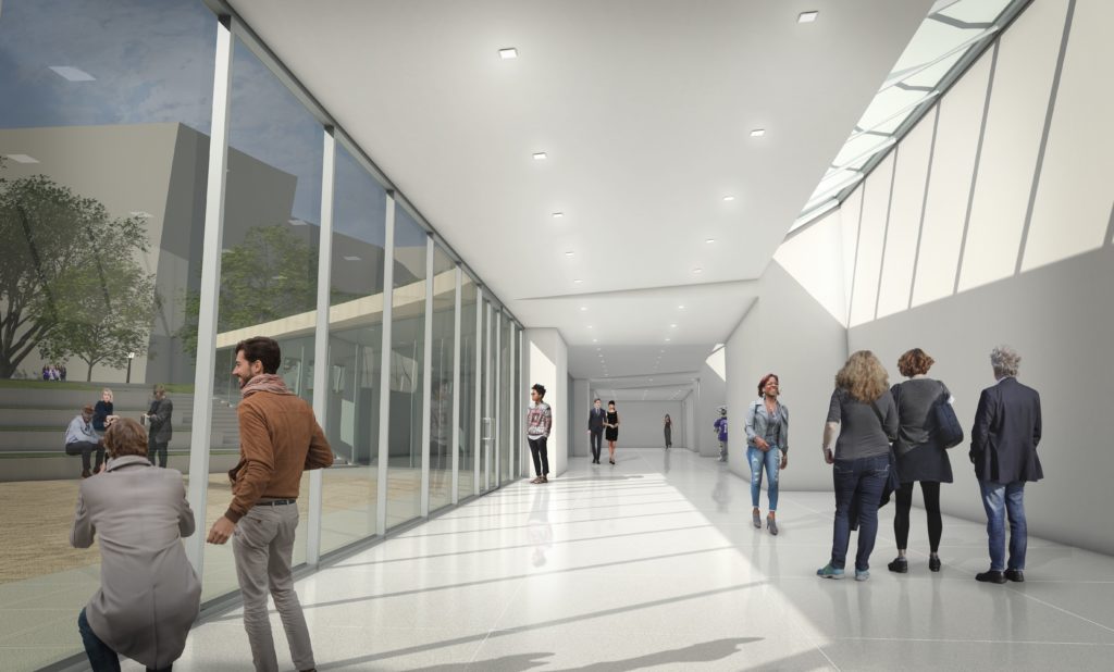 A rendering shows plans for the main hallway facing the west side of the building.