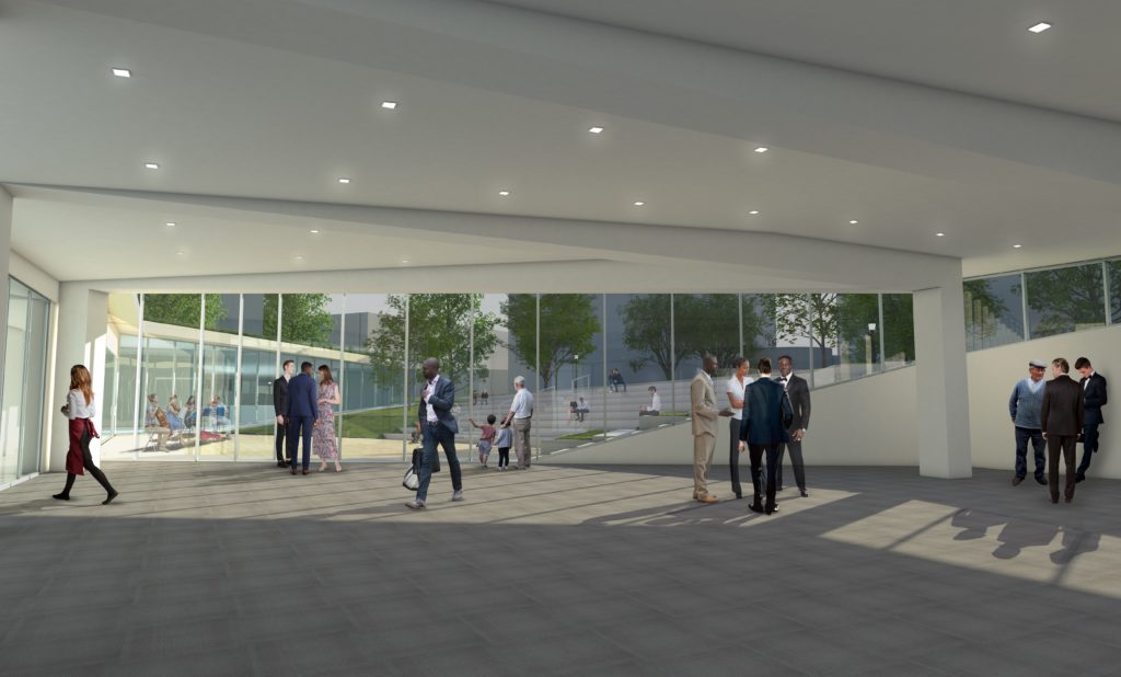 A rendering shows plans for the lobby space inside the Chapel of St. Thomas Aquinas.