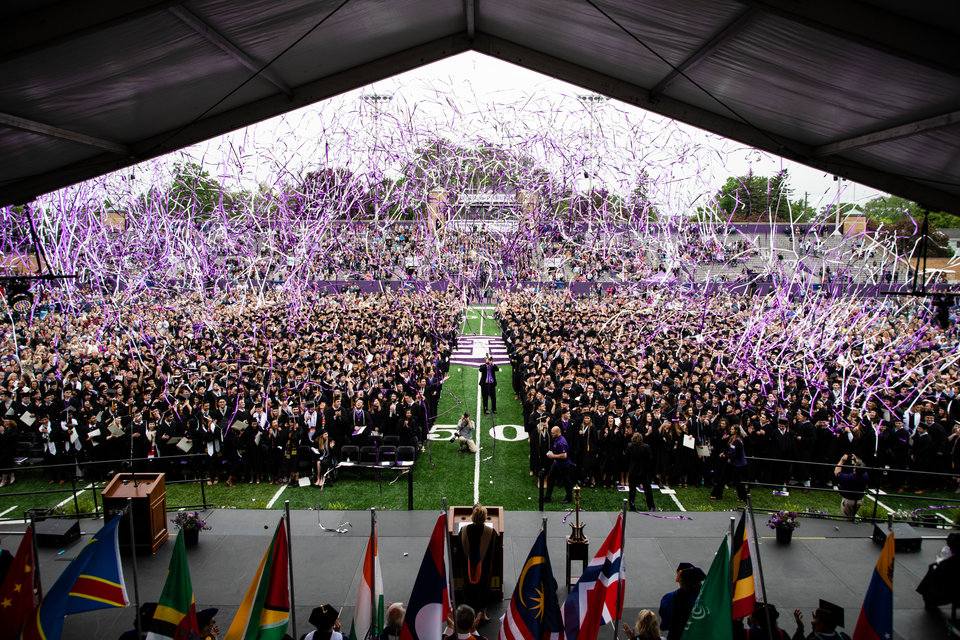 Confetti flies at the end of the 2018 Undergraduate Commencement ceremony in O'Shaughnessy Stadium on May 18, 2018 in St. Paul.