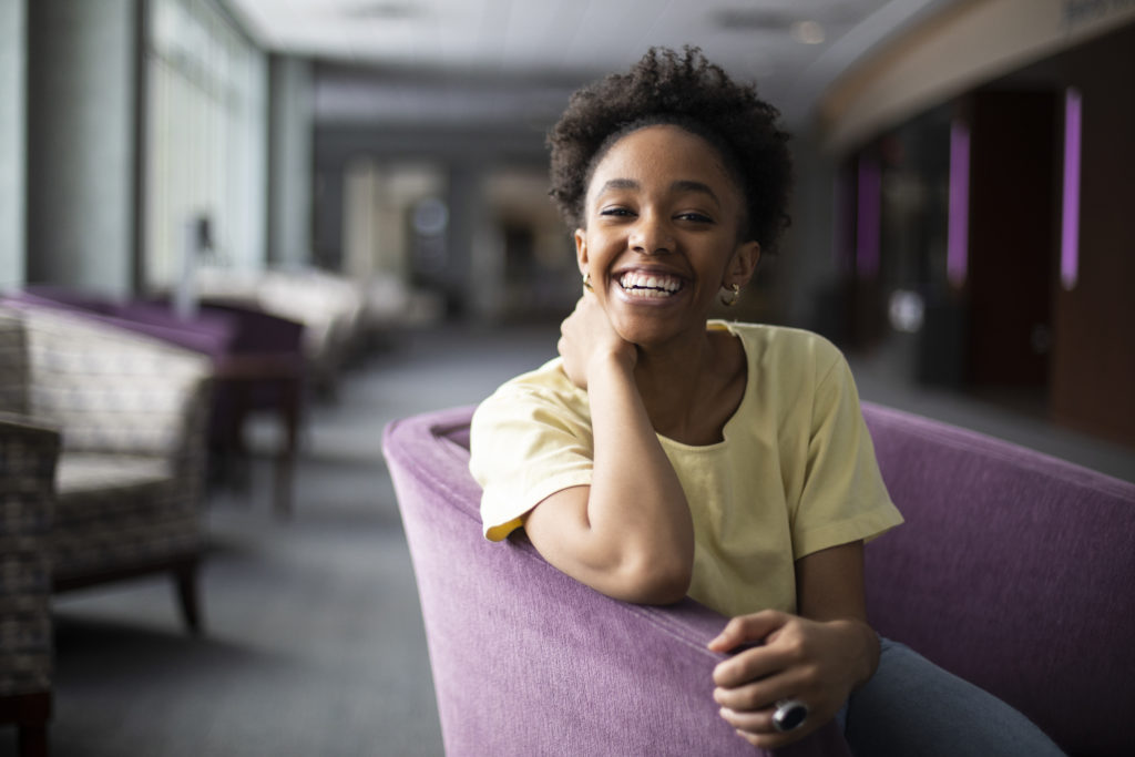 Portrait of senior Amira Warren-Yearby in the Anderson Student Center taken on January 28, 2019. Amira was photographed for a Humans of St. Thomas written feature.