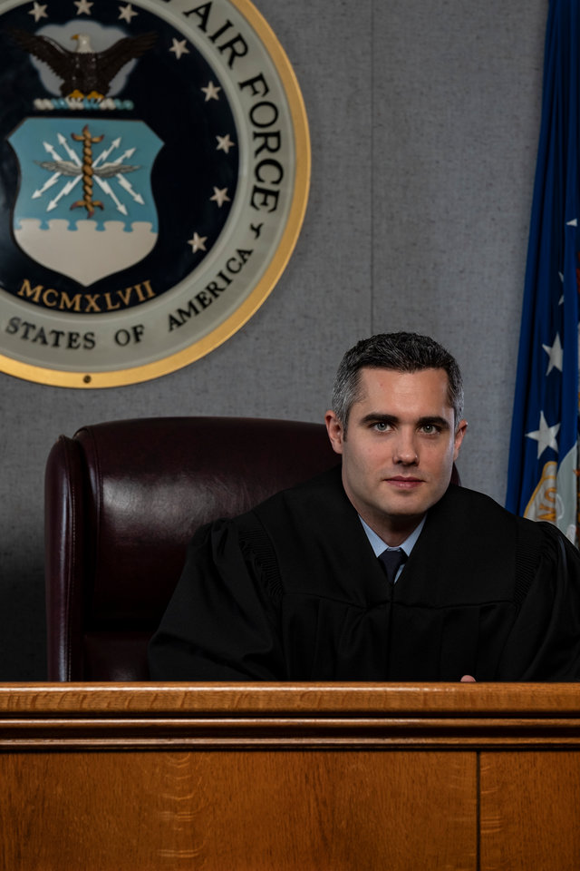 Portrait of newly appointed Judge Advocate General's Corp Tom Alford ('07 JD) in the court room in the Administration Building at Randolph Air Force Base in San Antonio on August 11, 2018.