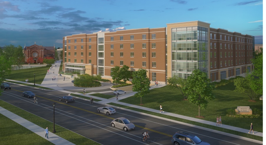 A rendering shows the plans for the new first-year residence hall, seen from the north along Cleveland Avenue.