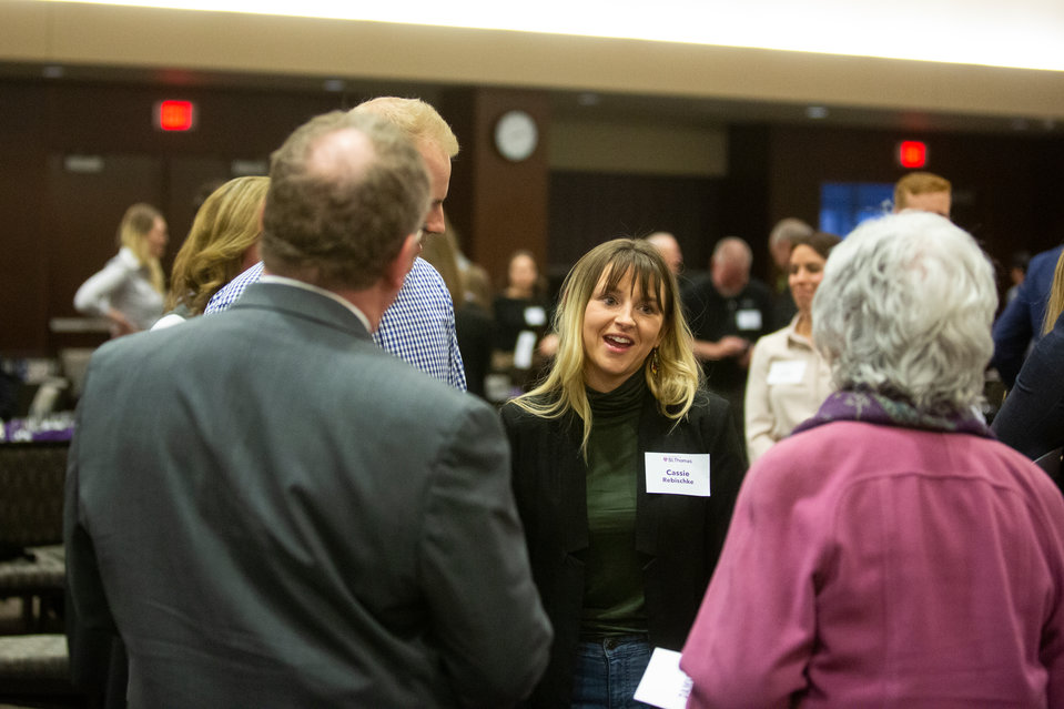 Cassie Rebischke talks with guests at the Damus Awards Dinner in Woulfe Alumni Hall on April 15, 2019 in St. Paul.