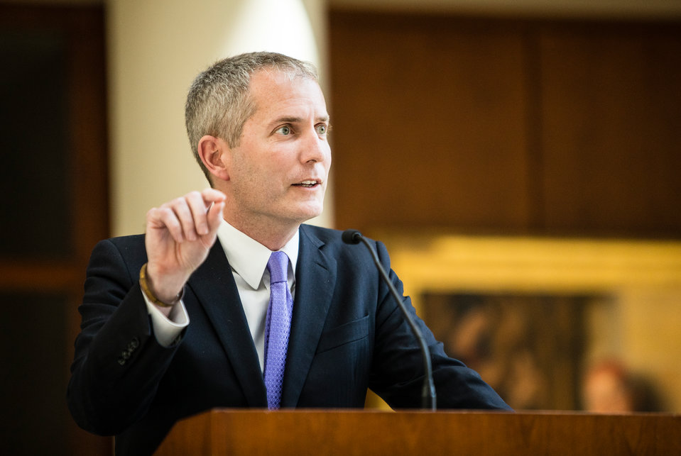 Dean Robert Vischer speaks during the University of St. Thomas School of Law Living the Mission Law Mission Award Ceremony in Schulze Atrium in the School of Law Building on April 11, 2017 in Minneapolis.