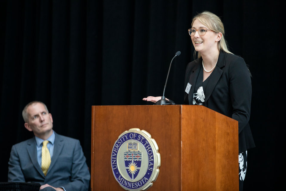 Law student Shana Tomenes speaks after receiving the Judge Diana Murphy Student Scholarship during a symposium hosted by the St. Thomas Law Journal on March 1, 2019.