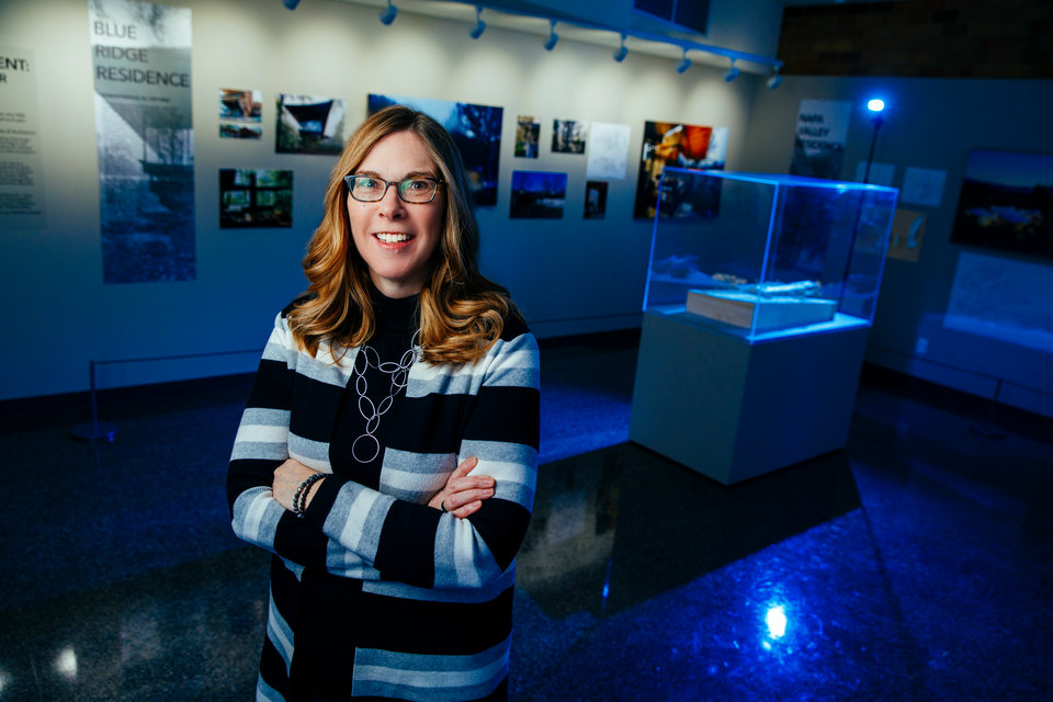 Art History professor Victoria Young stands in a renovated O'Shaughnessy Educational Center gallery space February 26, 2018.