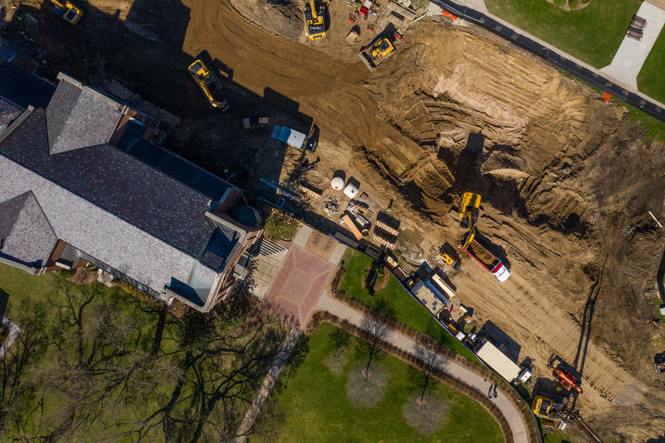 Aerial view of construction on the Iversen Center for Faith.