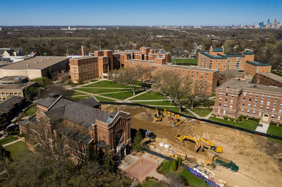 Aerial view of construction on the Iversen Center for Faith.