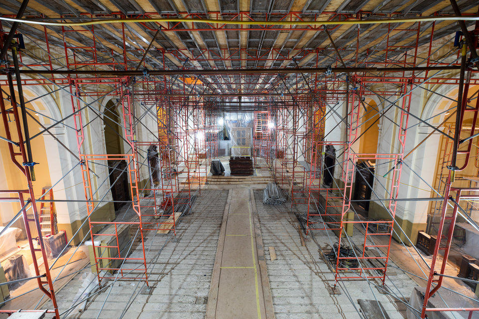 Scaffolding stands in the Chapel of St. Thomas Aquinas.