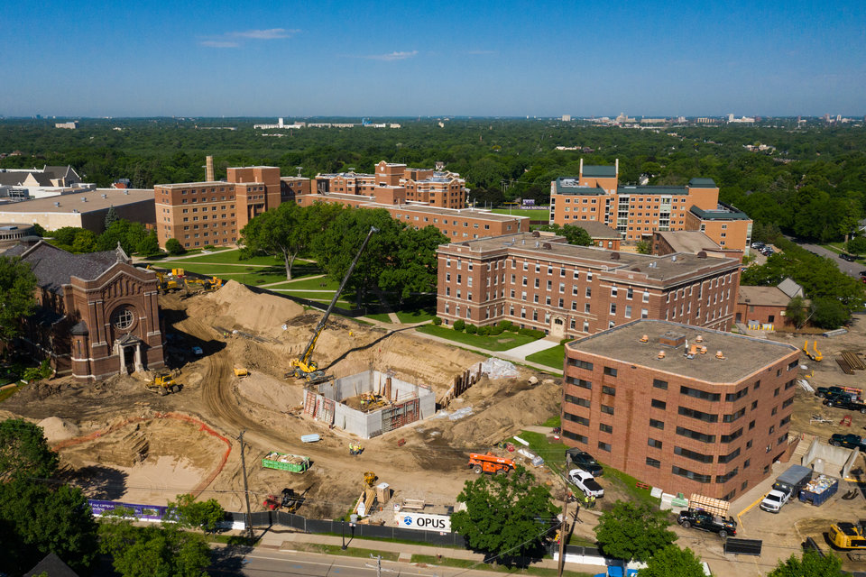 Aerial view of construction on the Iversen Center for Faith and Residence Halls.