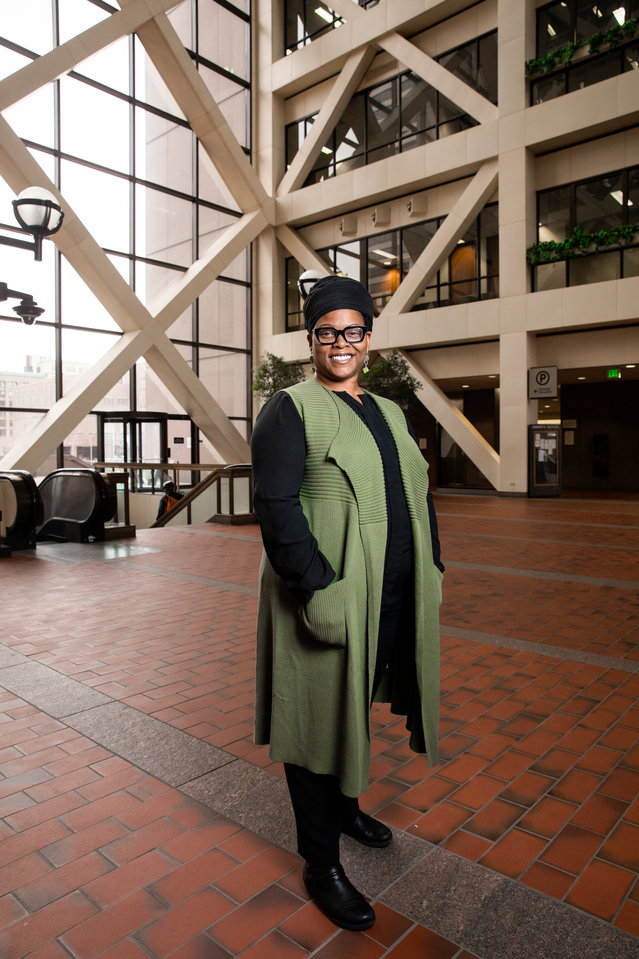 Hennepin County commissioner Angela Conley stands for a portrait in the Hennepin County Government Center in downtown Minneapolis.