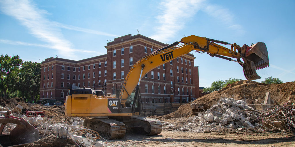 Construction crews work on the 1st Year Residence Hall project near Ireland Hall on July 11, 2019 in St. Paul.