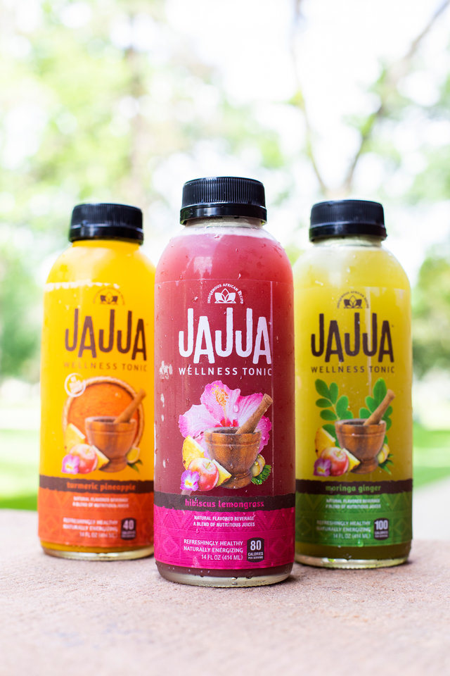 Drink products created by Henry Kisutu, president of Jajja Wellness and University of St. Thomas alumni ’12, as seen on July 3, 2019 on the St. Paul campus. Kisutu was photographed for a Newsroom story.