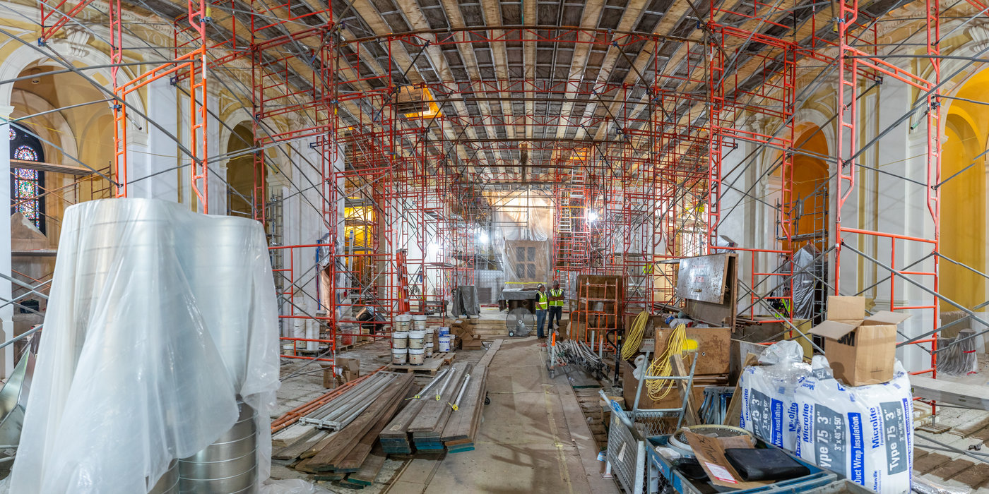 Construction in the Chapel of St. Thomas Aquinas during renovations on July 18, 2019, in St. Paul.