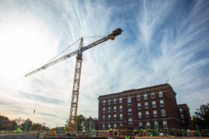 Crews work on the first year residence hall construction project on north campus on October 18, 2019, in St. Paul.