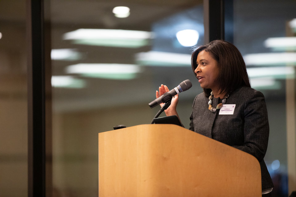 Dr. Kathlene Holmes Campbell speaks during a speech and panel conversation organized by the University of St. Thomas School of Education and Education Evolving discussing what we can do in Minnesota to not only keep teachers in the classroom, but also create the conditions that enable them to thrive. The event took place on November 7, 2019, in St. Paul and the Wilder Foundation.