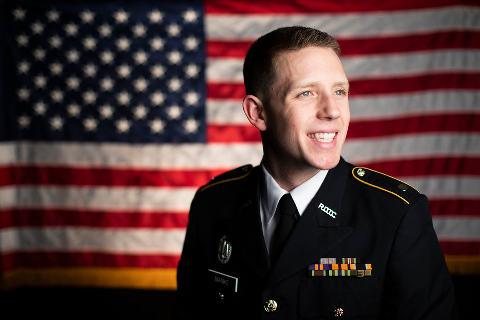 Lucas Manke, a University of St. Thomas senior and Air Force ROTC member, sits for a portrait in the St. Paul campus.