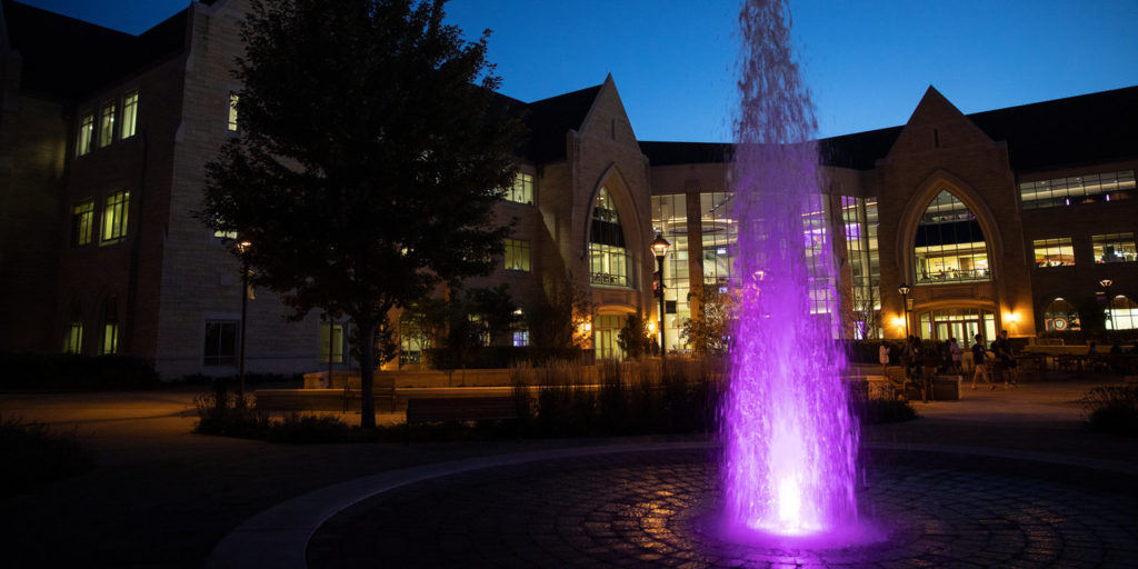 The Anderson Student Center with purple fountain on a warm fall evening on the St. Paul campus on September 23, 2019.