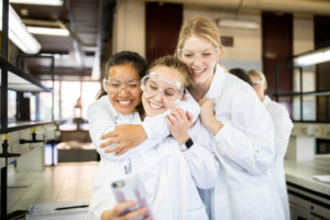 Students take a selfie before the start of Chemistry professor William “Bill” H Ojala’s Organic Chemistry lab class on the Sapienza University of Rome campus in Rome, Italy on October 16, 2019. (Students pictured: Katy Dong, Lauren Degn, Allie Mooney)