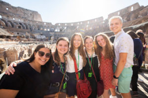 Students in the University of St. Thomas’ College of Arts and Sciences study abroad program in Rome, Italy pose for photos while on a tour of the Colosseum on October 18, 2019. (Students pictured: Sophie Zwak, Cora Heinzen, Jackie Squires-Sperling, Lindsay Bayerkohler, Maria Laundrie, Chris Stenzel)