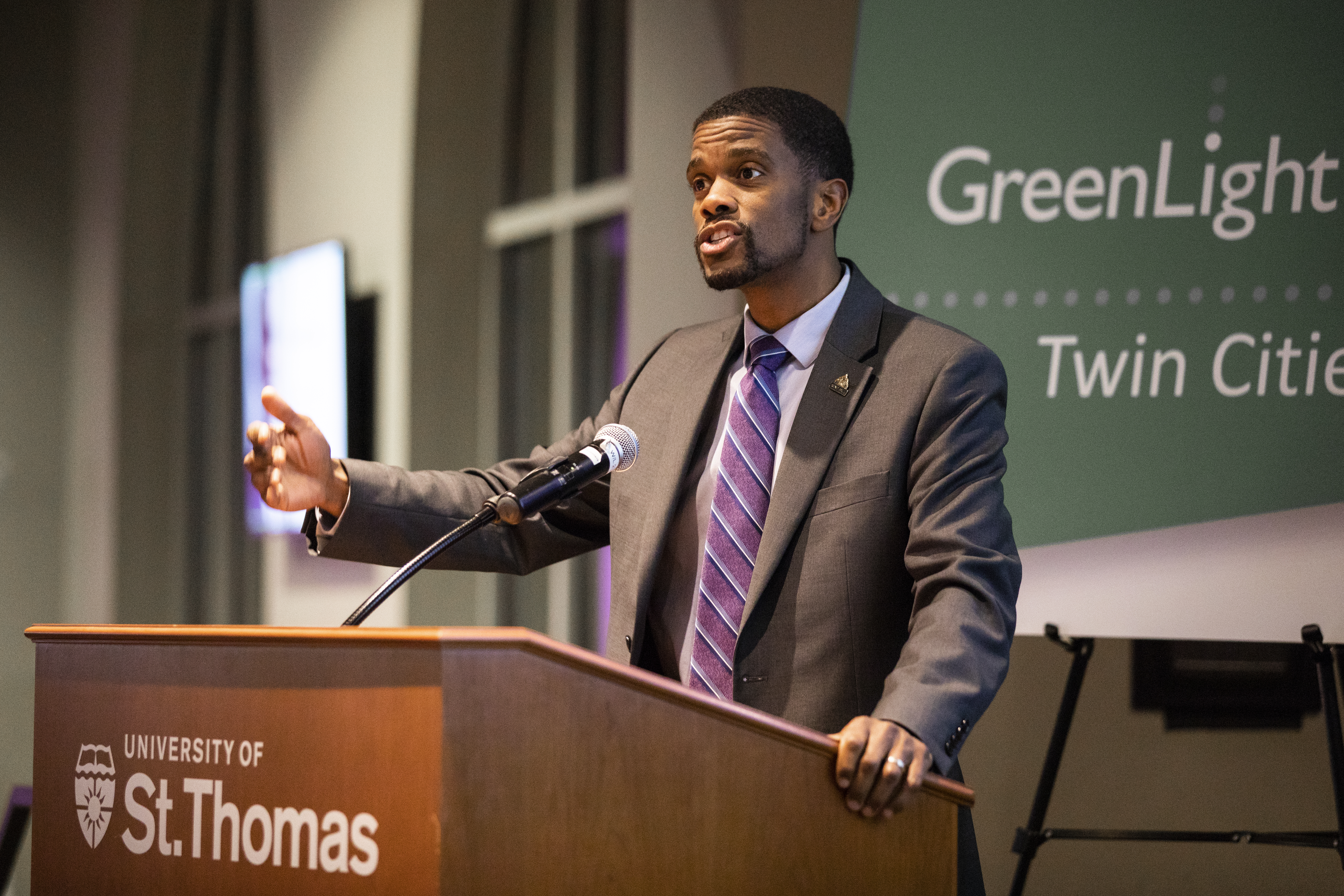 St. Paul Mayor Melvin Carter speaks Tuesday in Anderson Student Center during the launch of GreenLight Twin Cities.