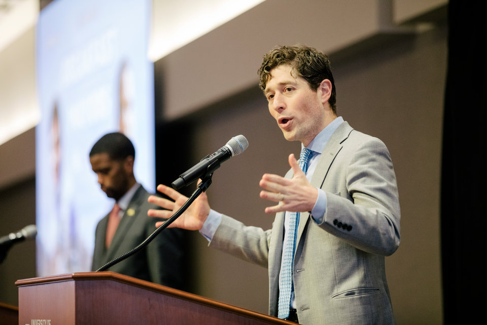 Minneapolis Major Jacob Frey and St. Paul Mayor Melivin Carter speak during the 2020 Breakfast with the Mayors event in Woulfe Alumni Hall on January 29, 2020, in St. Paul.