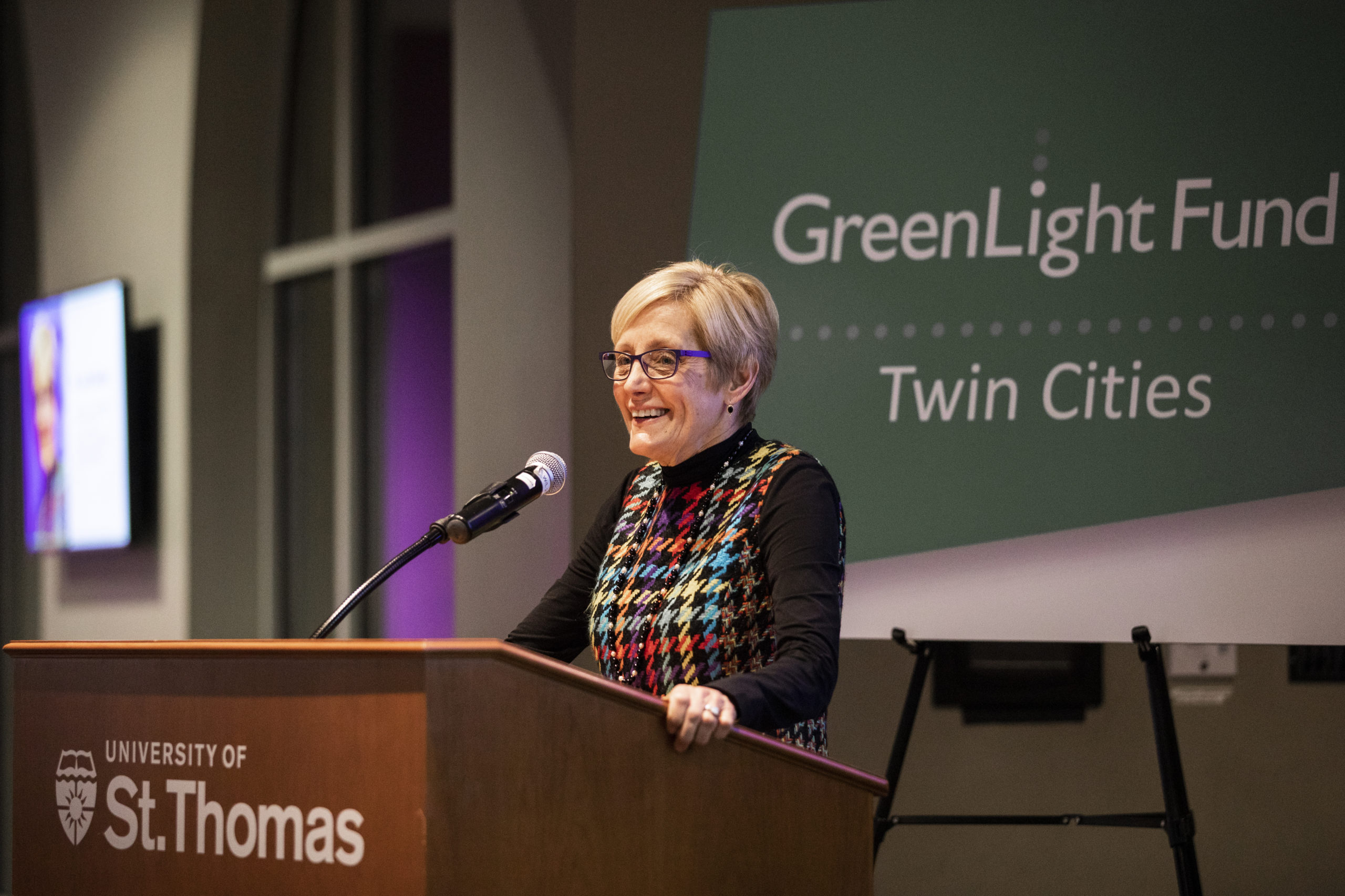 President Julie Sullivan speaks Jan. 14 in Anderson Student Center at the launch event for GreenLight Twin Cities.