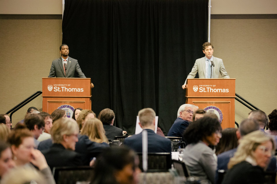 Minneapolis Major Jacob Frey and St. Paul Mayor Melivin Carter speak during the 2020 Breakfast with the Mayors event in Woulfe Alumni Hall on January 29, 2020, in St. Paul.