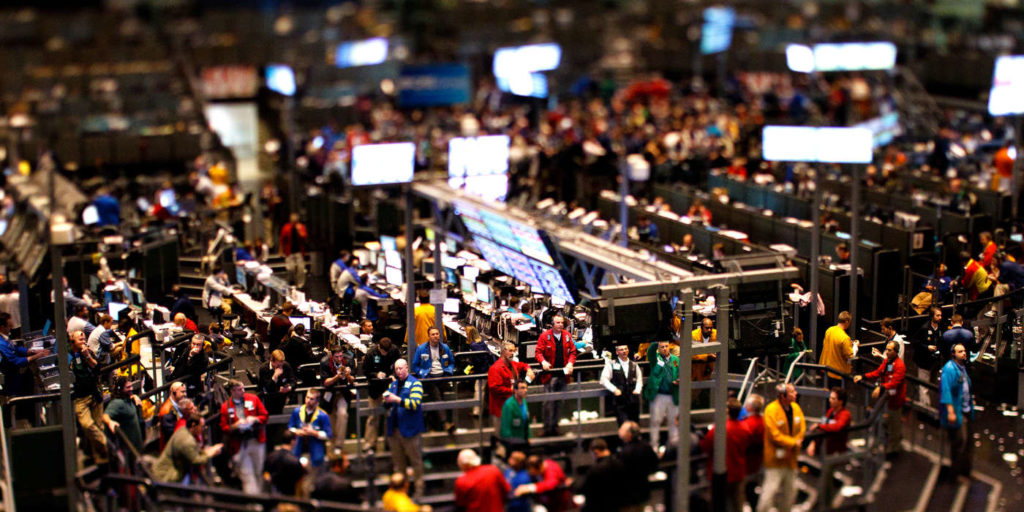 The floor of the Chicago Mercantile Exchange is shown December 7, 2010 in Chicago, IL. Alums Dan Huber ('89) and Bob Murray ('86) trade agriculture futures on the floor. They are some of the last people in the exchange doing "outcry trading" in which shouts and hand signals are used to indicate how much one wants to buy or sell. Trading is rapidly becoming computer-based.