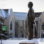 An icicle hangs from the John Ireland Statue. Liam James Doyle/University of St. Thomas
