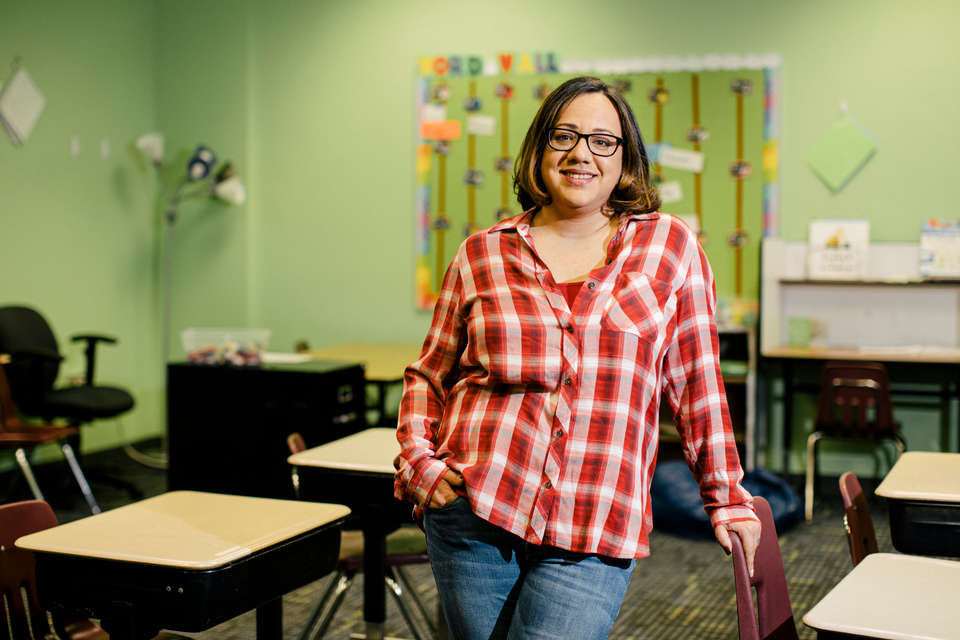 Laura Medina Coste poses for a photo in her classroom in Paul and Shiela Wellstone Elementary in St. Paul on February 3, 2020. Coste is a graduate of the School of Education’s Grow Your Own program.