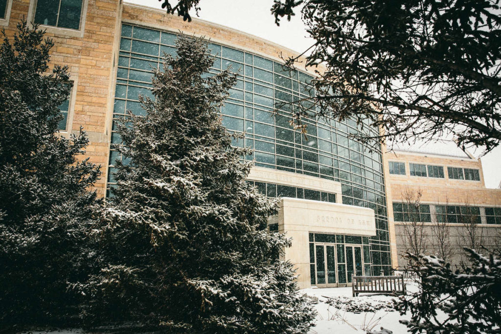 The UST School of Law building is pictured as the snow falls on March 3, 2015, in downtown Minneapolis.