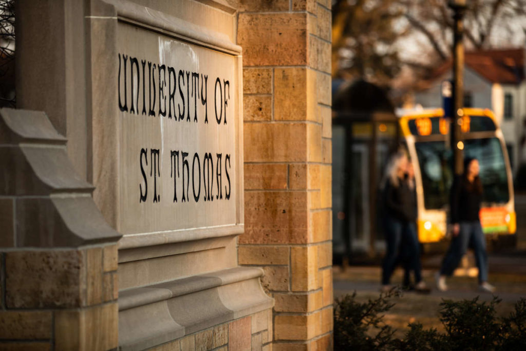 The University of St. Thomas sign in front of the Anderson Student Center. Mark Brown/University of St. Thomas