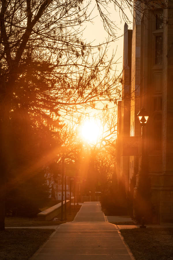Golden hour sunlight streaks down a walkway next to the Anderson Student Center. Mark Brown/University of St. Thomas