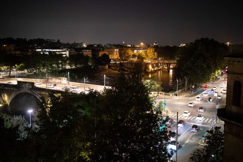 A nighttime view from the rooftop of the Bernardi campus building, featuring the River Tiber, in Rome, Italy, as seen on October 14, 2019.