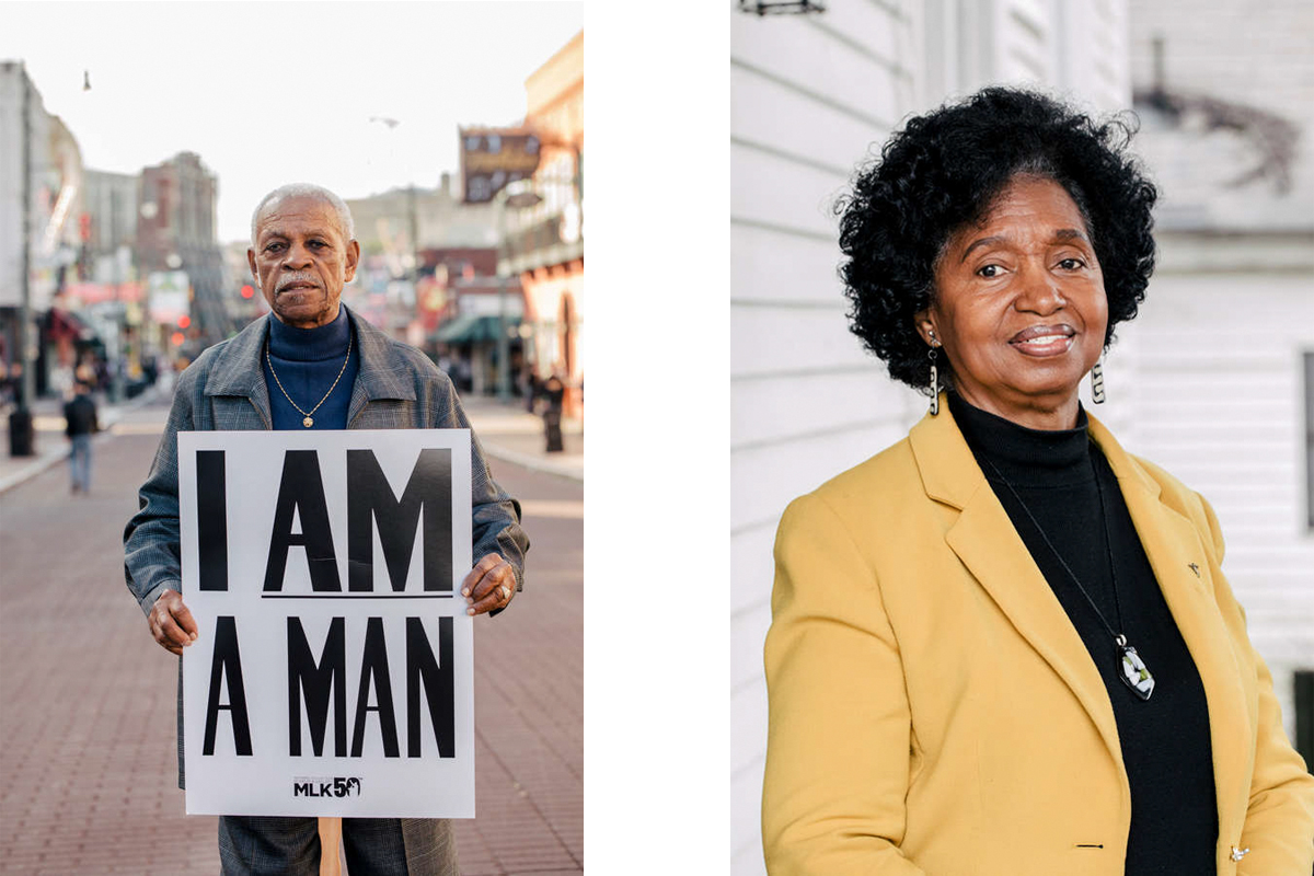 Elmore Nickelberry, left, is pictured with a replica of the “I Am a Man” picket sign he and others carried while fighting for equal rights and equal pay during the Memphis Sanitation Workers Strike in the 1960’s. Elaine Turner, right, and her sisters were arrested 17 times while protesting Jim Crow segregation in Memphis. Both shared their stories with students.