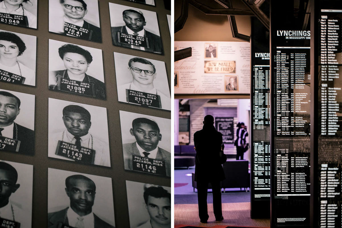 Arrest mugshots of Freedom Riders, left, civil rights activist who traveled south to protest segregation, and an installation documenting Mississippi Lynchings, right, at the Mississippi Civil Rights Museum.