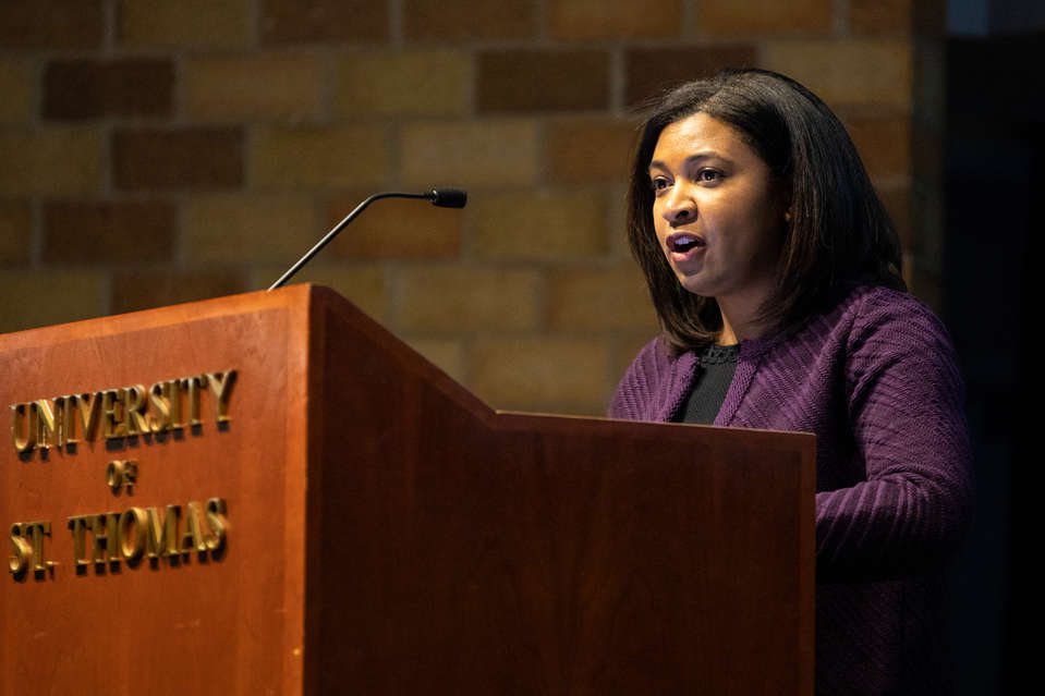 Dr. Kathlene Holmes Campbell, dean of the School of Education, speaks in the O'Shaughnessy Educational Center auditorium on March 19, 2019.