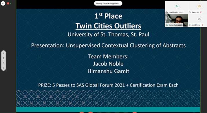 A screen grab shows the first place St. Thomas team of Himanshu Gamit and Jacob Noble from the SAS Symposium 2020 competition.