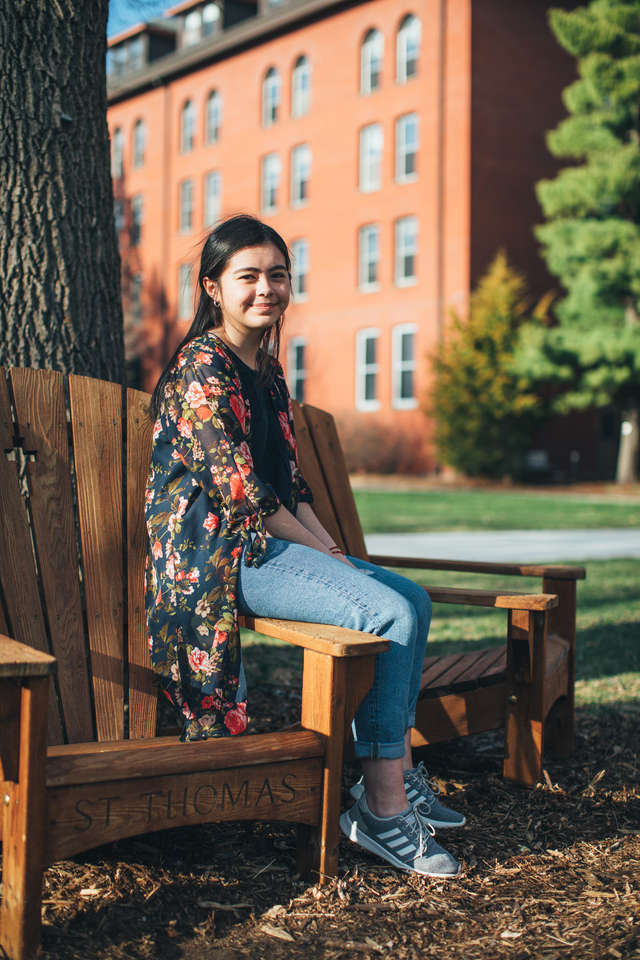 Student Alejandra Galo (Actuarial Science) poses for a portrait on south campus on April 22, 2020, in St. Paul. Galo is an international student from Honduras. She was unable to return home when her home country closed its borders.