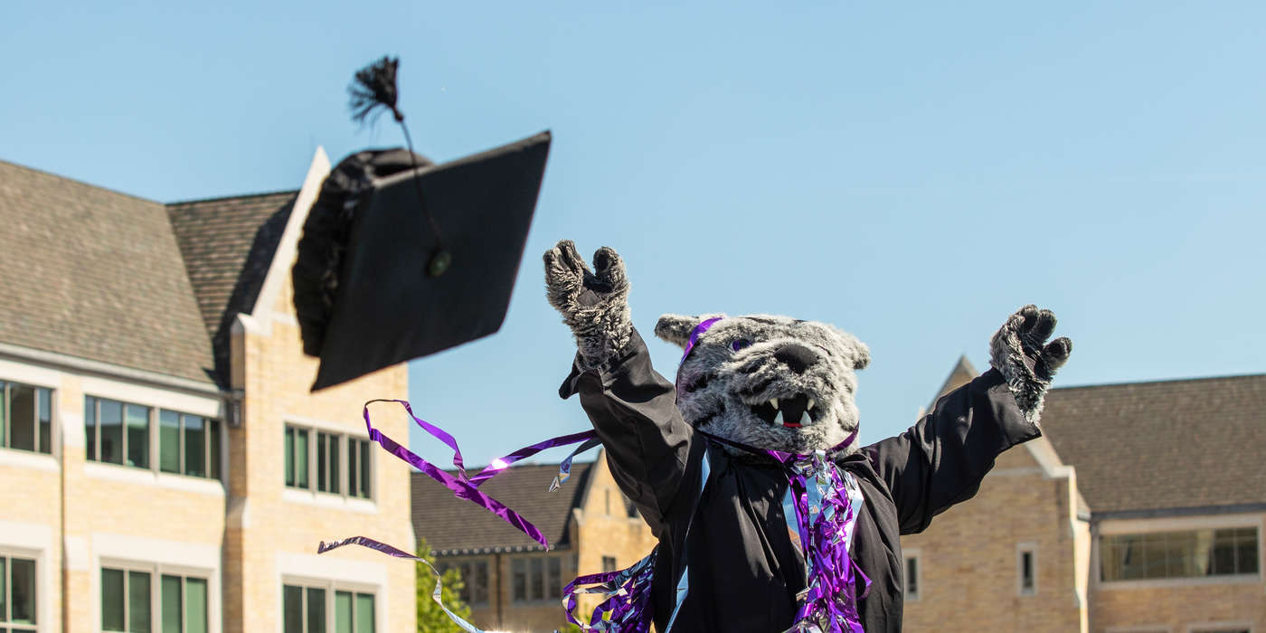 Photos of Tommie the Mascot wearing a commencement cap and gown and celebrating with confetti streamers in O’Shaughnessy Stadium on Palmer Field in St. Paul on May 20, 2020.